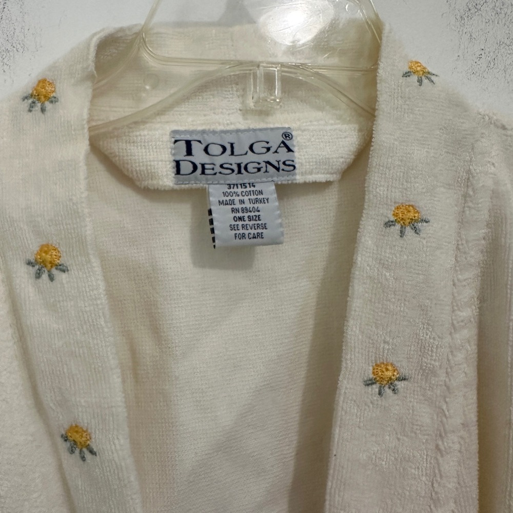 Cotton Terry Robe Cream Embroidered Rosebud Shawl Collar Cottagecore Tolga OS - Picture 3 of 10